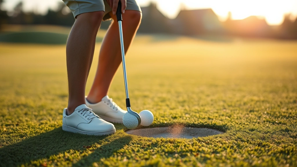 Close-up of golfer executing a short pitch shot near the green, sand and grass visible, demonstrating proper short game technique, afternoon lighting on manicured fairway