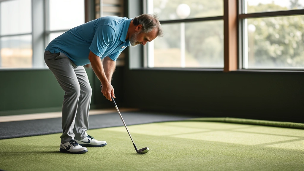 Golfer practicing putting on practice green with focused expression, showing pre-shot routine and concentration, realistic indoor or outdoor putting green setting, natural daylight