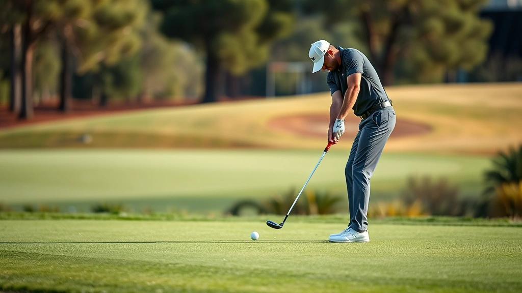 Golfer executing chip shot from fairway near green with intense focus, showing proper short game technique and body position