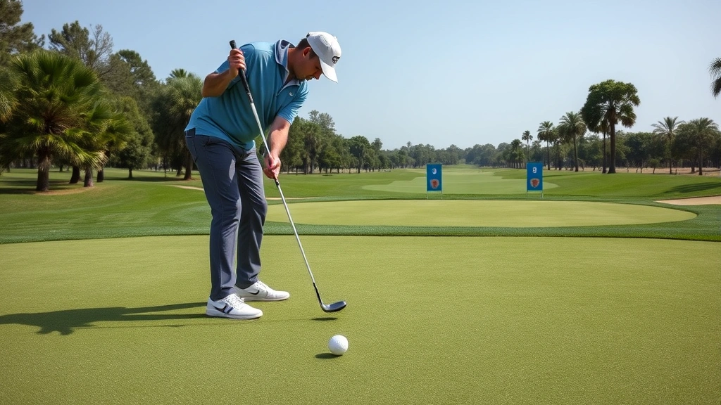 Golfer practicing short game shots on practice green with multiple golf balls and chipping targets, focused concentration, varied shot distances