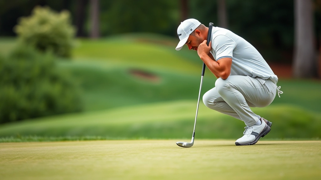 Golfer reading green slope before putt, crouched position analyzing terrain, demonstrating strategic course management and mental preparation