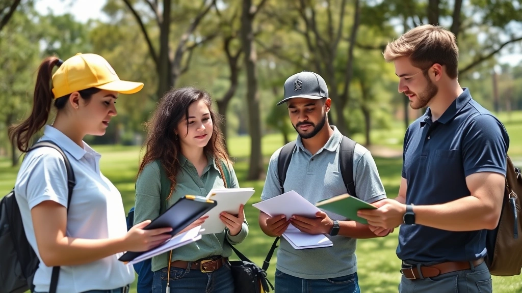 Young professionals and educators collaborating outdoors with clipboards and notebooks, studying course design and operations, trees and fairways in natural daylight