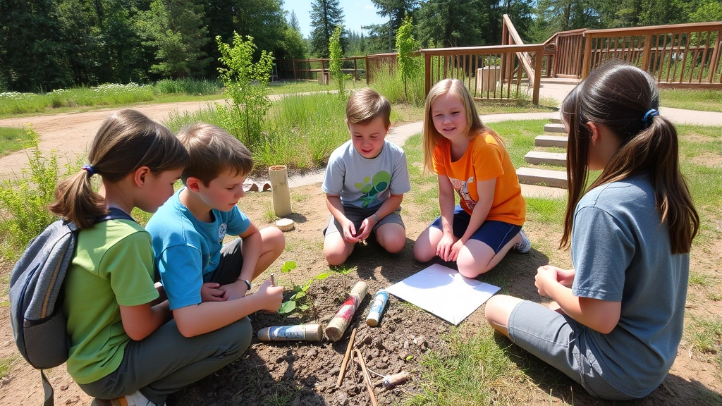 Students of mixed ages engaged in problem-solving activities on an outdoor course setting, examining environmental features and discussing sustainable practices in relaxed group formation