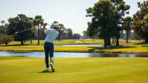 Professional golfer mid-swing on fairway with cypress trees and water hazard in background, natural daylight, pristine green grass, realistic photography