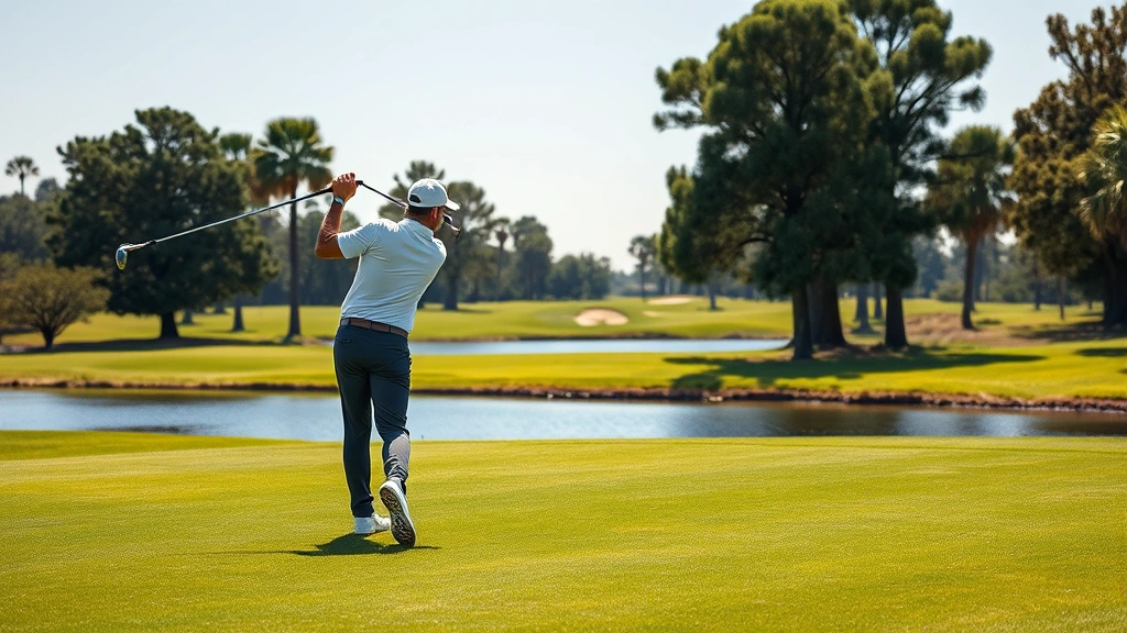 Professional golfer mid-swing on fairway with cypress trees and water hazard in background, natural daylight, pristine green grass, realistic photography