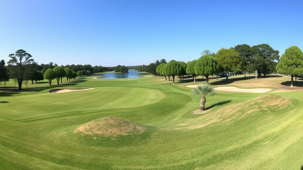 Golf course landscape view showing manicured fairways, mature trees, sand bunkers, and water feature, wide angle shot, clear sky, lush grounds