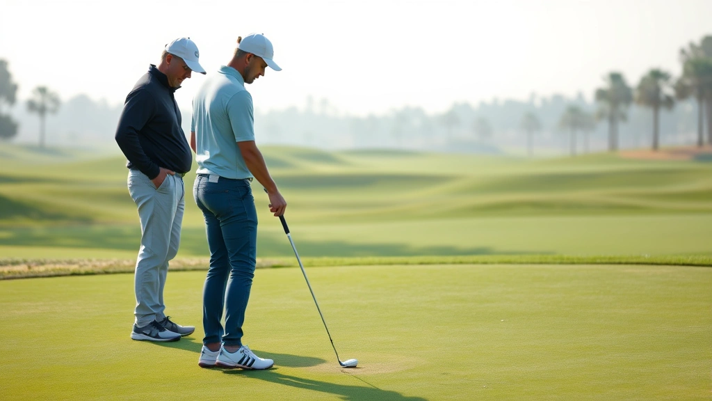 Golfer practicing short game on putting green with coach observing and providing feedback, peaceful golf course setting with manicured greens in background, concentration visible