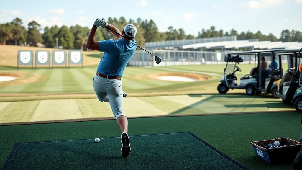 Golfer in mid-swing on practice range with multiple golf balls and targets visible, natural lighting showing focus and concentration, professional golf facility in background