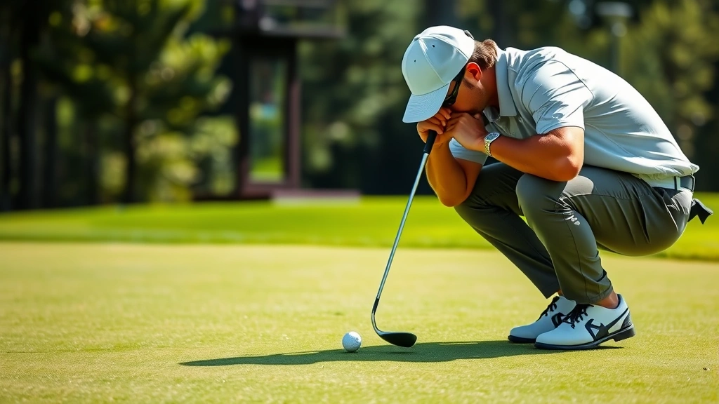 Golfer analyzing putting green with intense concentration, crouching near ball examining break patterns, pristine manicured green with professional conditions, natural daylight