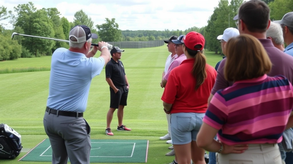 Group golf lesson with instructor demonstrating swing technique to students watching intently, practice range setting with targets, diverse group of golfers learning together, outdoor facility