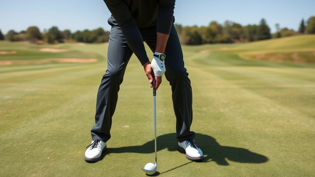 Professional golfer demonstrating proper grip and stance setup on manicured golf course fairway, showing hand positioning and body alignment from front angle