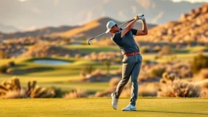 Professional golfer executing a perfect golf swing at a scenic desert golf course with manicured fairways and bunkers visible in background, golden hour lighting