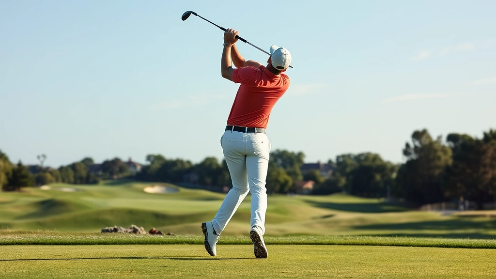Golfer mid-swing demonstrating complete follow-through on beautiful championship course with lush fairway and bunkers visible in background