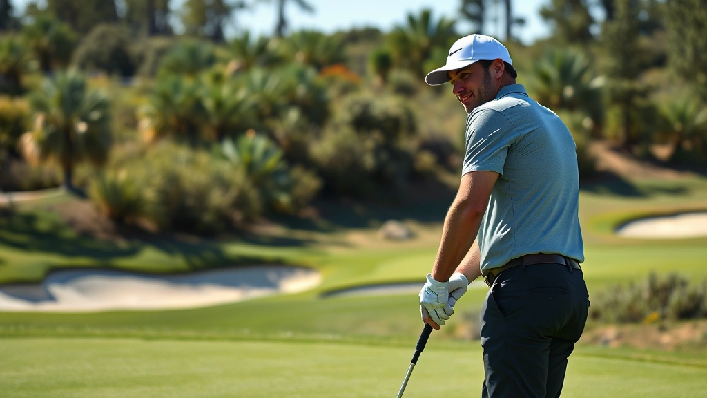 Golfer practicing short game and chipping around green with bunkers and undulating terrain, focused concentration expression, natural daylight