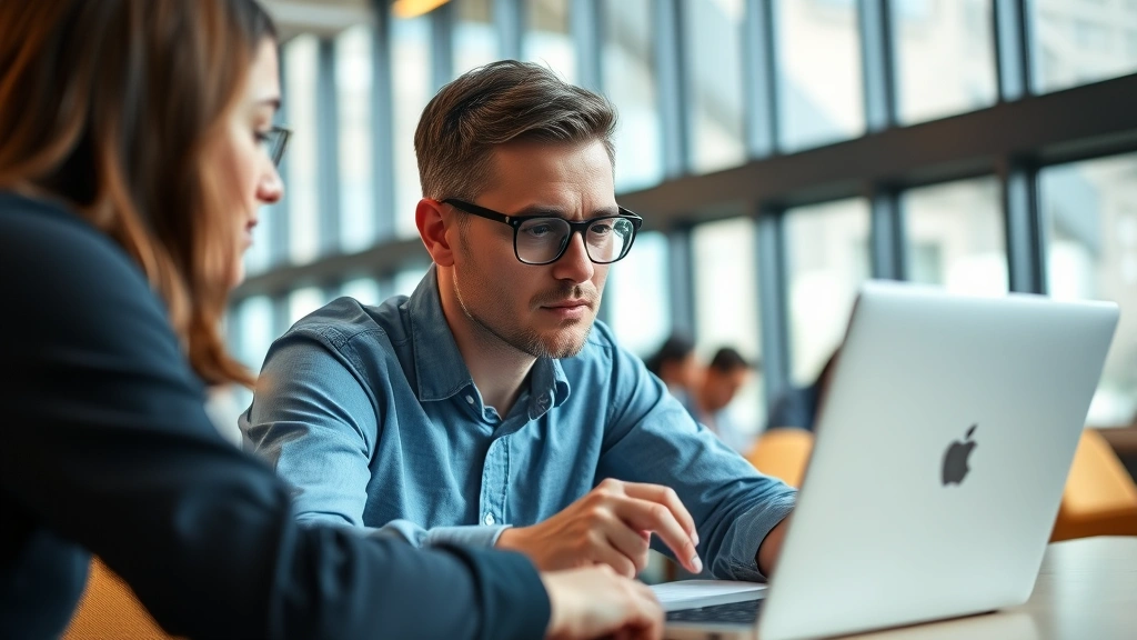 Professional adult learner intensely focused on laptop during collaborative study session in modern learning space with natural light, displaying concentration and engagement
