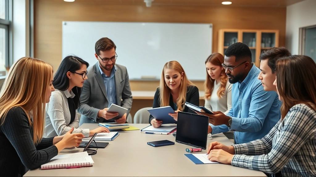 Diverse group of professionals engaged in active discussion around table with notebooks and digital devices, demonstrating collaborative learning and peer support in educational setting