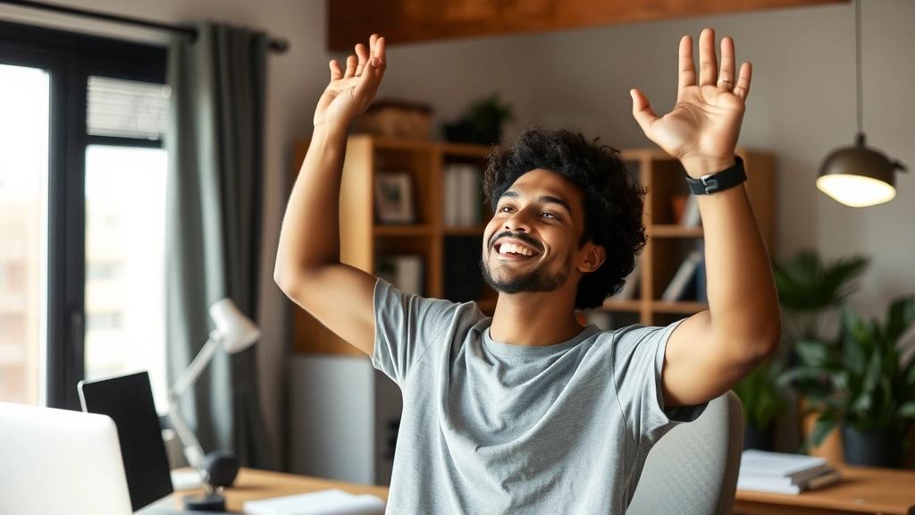 Determined individual celebrating achievement milestone with raised hands in home office study environment, showing motivation and progress during intensive learning program