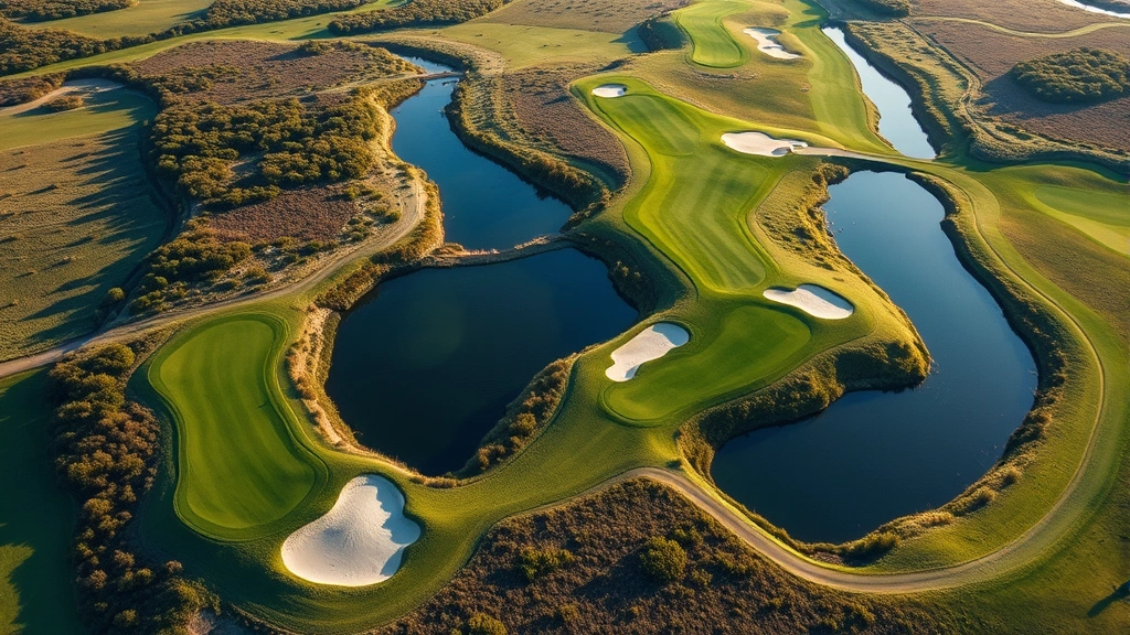 Aerial view of championship golf course showing diverse terrain, water features, strategic bunker placement, and manicured fairways with natural vegetation