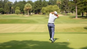 Golfer mid-swing on fairway with manicured grass and trees in background, professional posture and form, natural daylight, realistic golf course setting