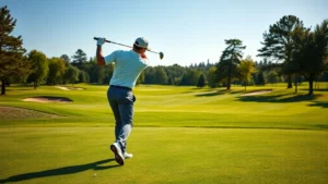 Professional golfer mid-swing on fairway with perfect form, morning sunlight, manicured golf course landscape in background