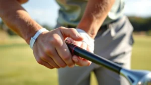 Professional golfer demonstrating proper grip technique on golf club, close-up of hands showing overlapping grip position, outdoor golf course background