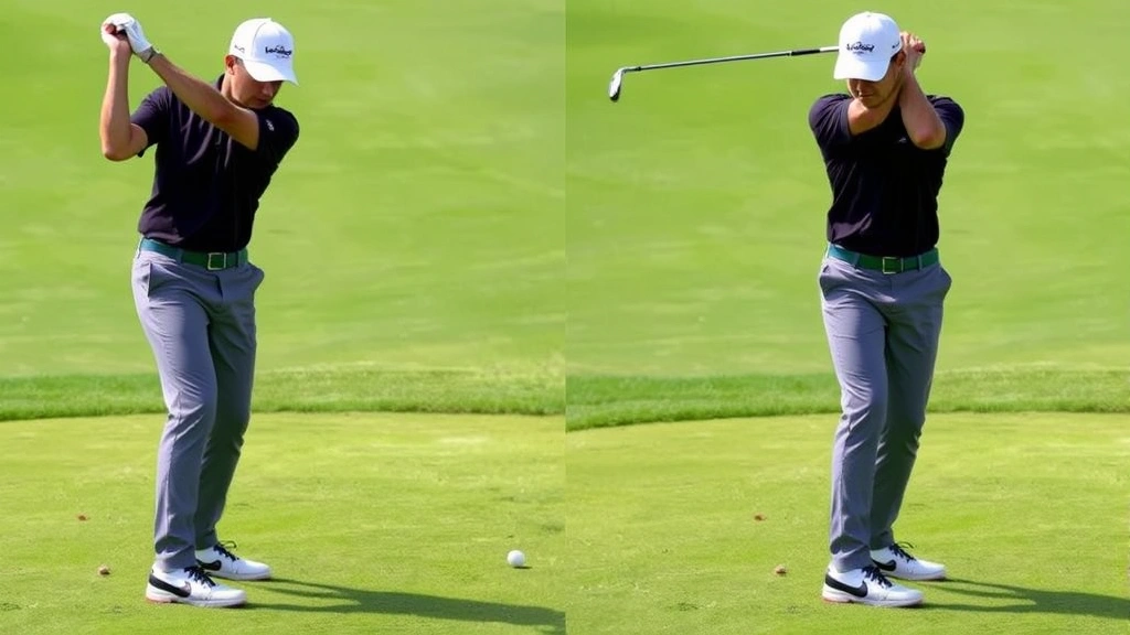 Golfer executing smooth follow-through position after swing, standing balanced on front leg with back leg extended, hands high in finishing position, green fairway background