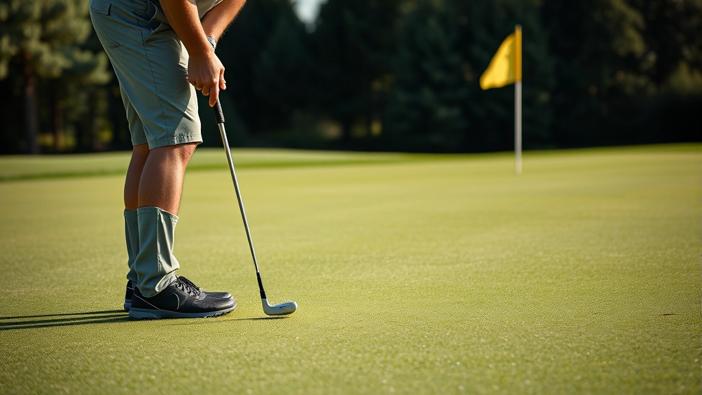 Golfer reading green contours with focused concentration, studying slope and grain pattern while standing on manicured putting surface with pin visible in distance