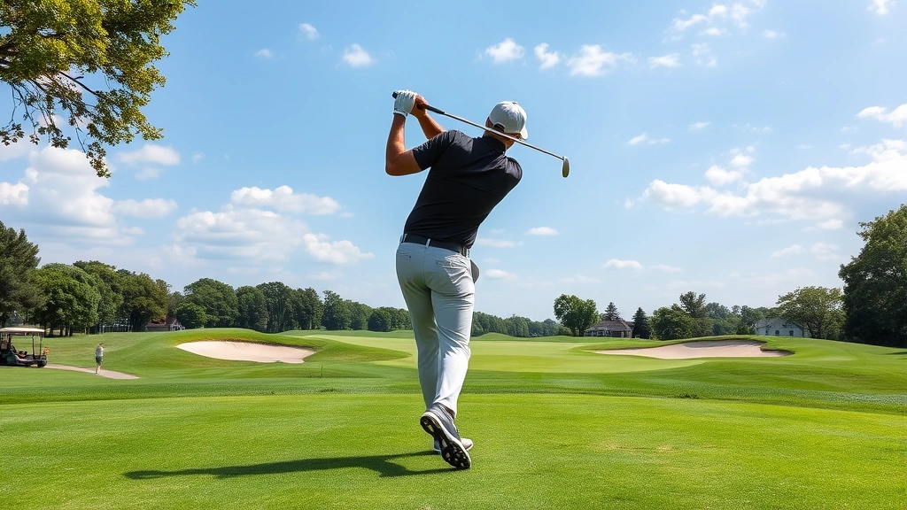Golfer playing approach shot from fairway with pristine technique, mid-swing position showing proper form with club face alignment toward distant green with bunkers