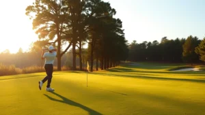 Professional golfer mid-swing on manicured fairway with strategically placed bunkers and tree-lined rough, morning sunlight