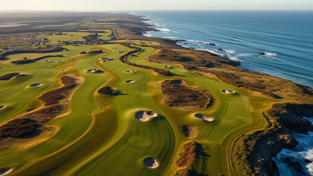 Aerial view of coastal golf course with multiple fairways visible, green complexes, bunkers, trees, ocean in distance, professional course photography