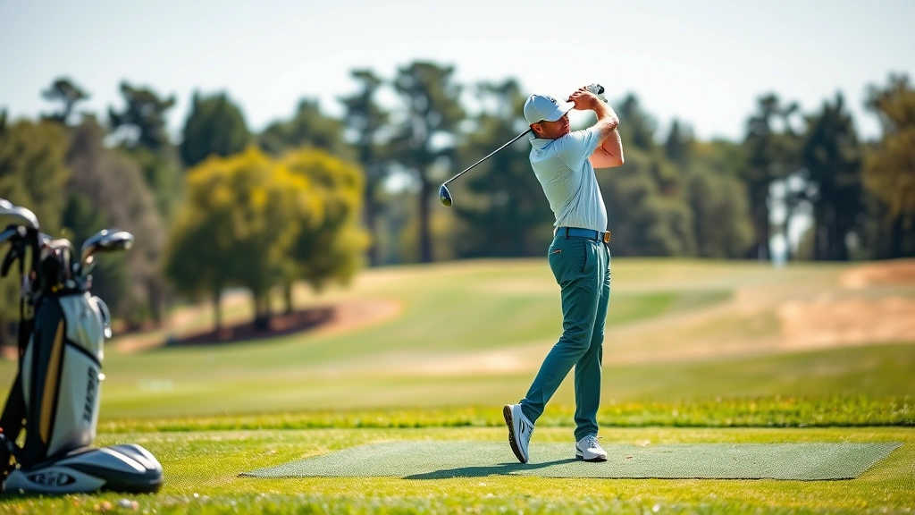 Golfer executing pre-shot routine at tee box, focused posture, preparing for drive, natural lighting, demonstrating concentration and preparation techniques