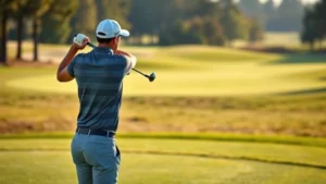 Golfer at address position on practice tee with perfect posture and alignment, morning sunlight, focused expression, professional golf setting with fairway in background