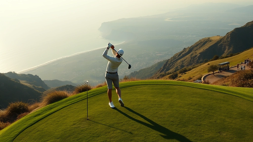 Overhead view of professional golfer in mid-swing on elevated fairway with coastal valley landscape background, morning light, green grass visible, no text or signage