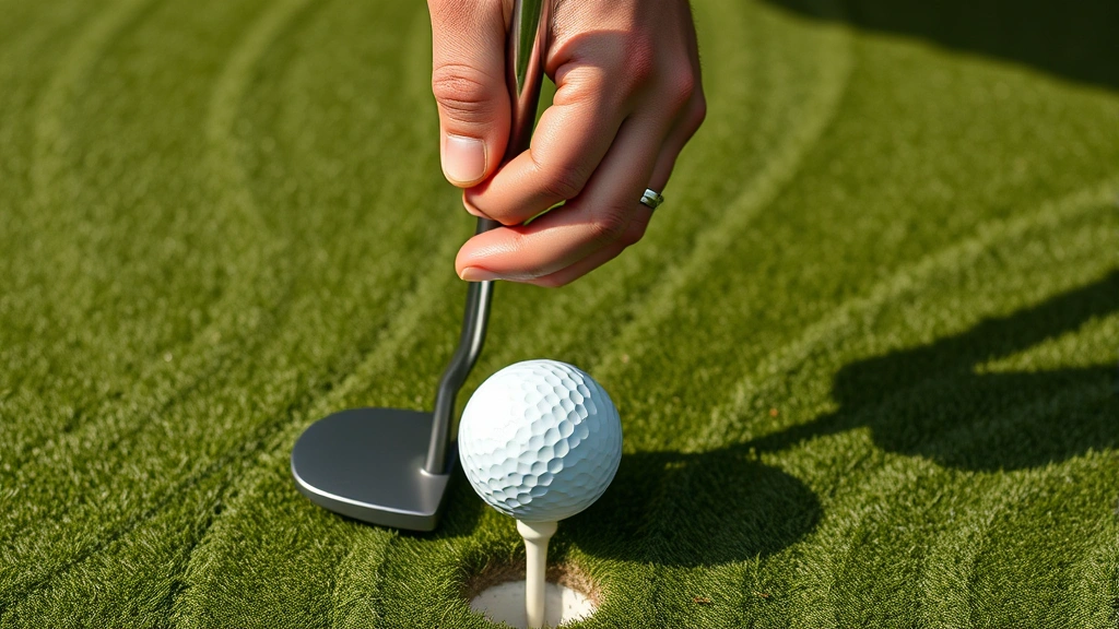 Close-up of golfer's hands gripping putter over white golf ball on undulating green with natural shadows showing elevation changes, no hole cup visible, clean background