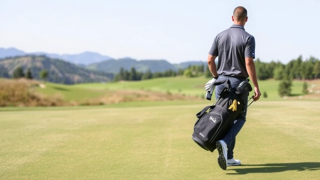 Golfer walking fairway carrying golf bag with scenic hills and trees in distance, professional attire, confident posture, natural daylight, no course markers or text visible