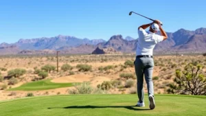 Golfer in desert landscape mid-swing at elevated tee box with mountains in background, dry fairway visible, clear blue sky, professional form captured
