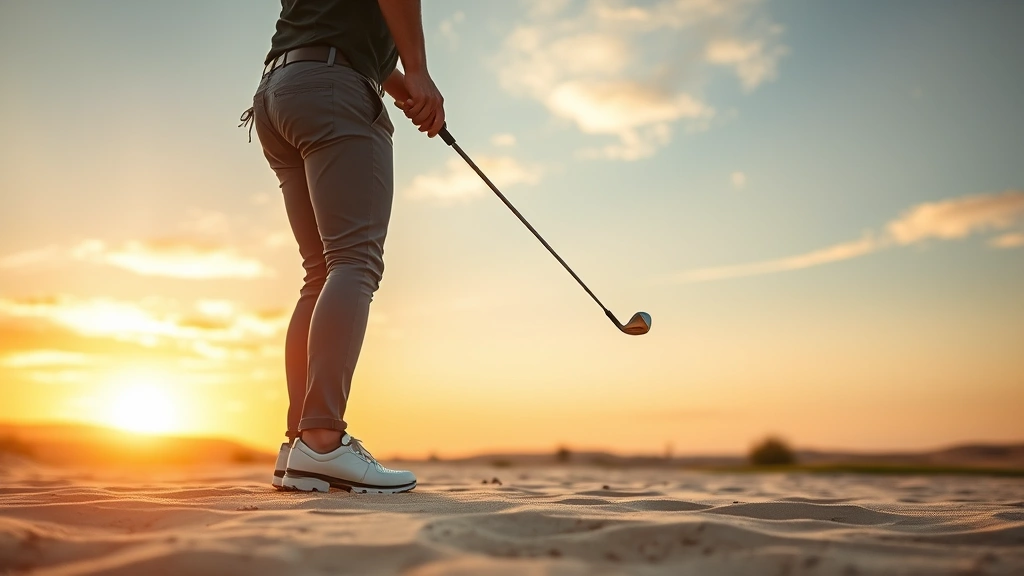Professional golfer demonstrating proper stance and posture on a sandy desert golf course at sunset, showing correct weight distribution and alignment