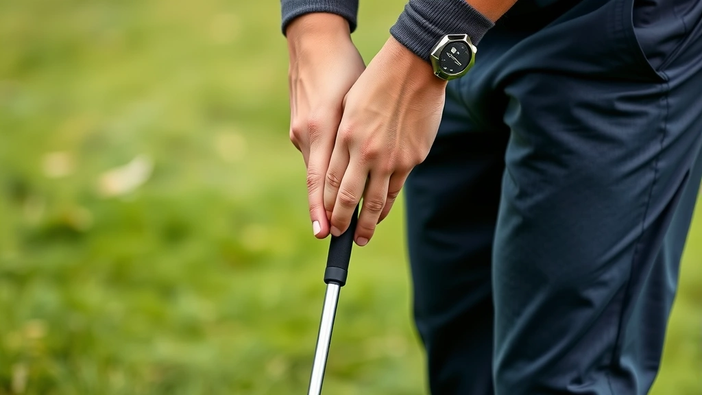 Close-up of golfer's hands on club grip during setup position, firm fairway grass visible, neutral background, proper alignment demonstrated