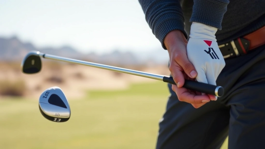 Close-up of golfer's hands and club grip during swing execution on firm desert fairway, demonstrating controlled tempo and club position