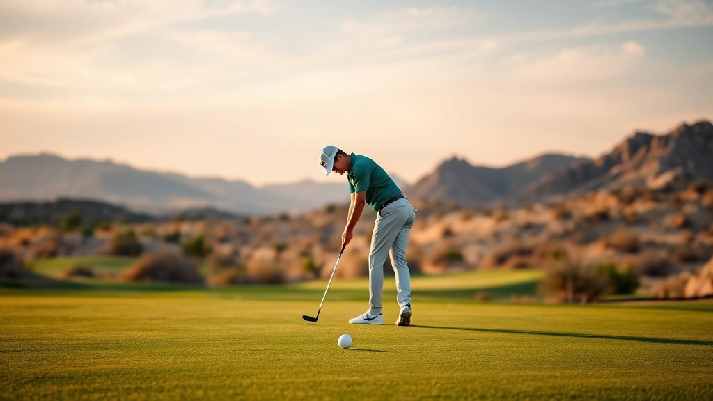 Golfer putting on fast green with desert course scenery behind, concentration expression, golf ball visible near hole, afternoon lighting