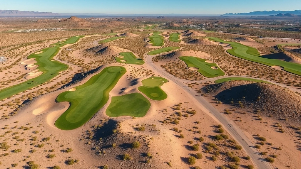 Aerial view of desert golf course landscape showing fairways, bunkers, and strategic landing zones with natural desert vegetation and clear sky