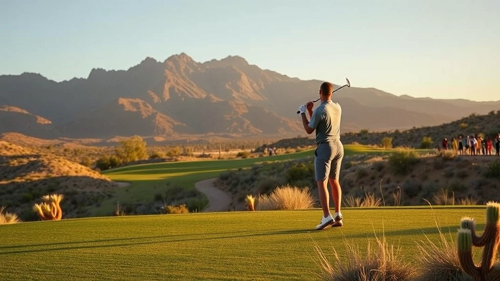 Golfer teeing off on dramatic elevated desert fairway with mountain backdrop, golden afternoon light, native desert vegetation, no people visible in background