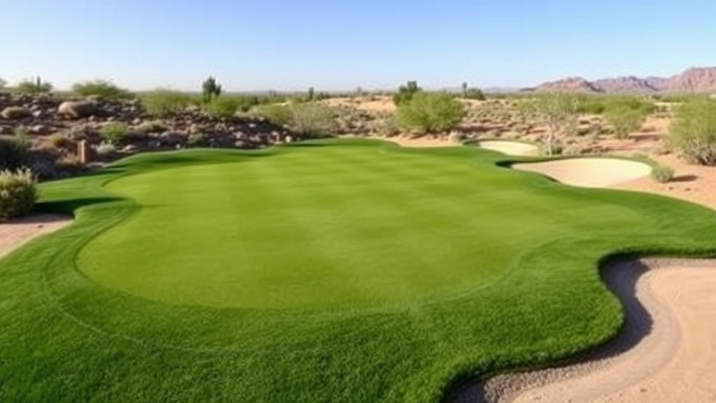 Championship golf green with subtle undulating contours, pristine condition, surrounded by desert sand bunkers and native landscape plants, clear sky