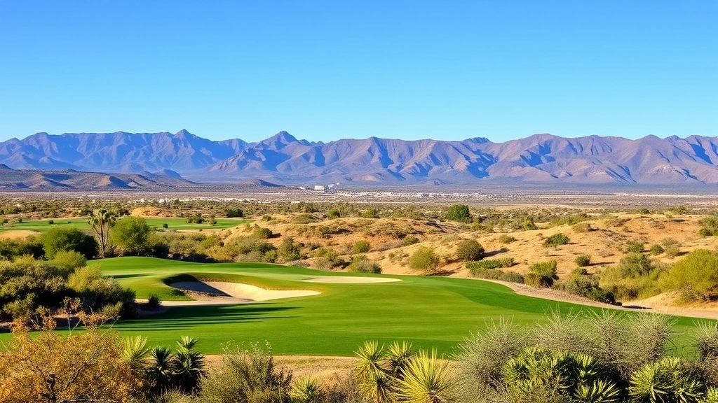 Desert landscape vista from golf course showing San Jacinto mountains, fairway with strategic bunker placement, native vegetation, natural lighting