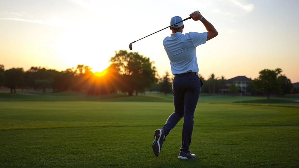 Professional golfer in mid-swing at sunset on well-maintained golf course with lush fairway and trees, demonstrating proper form and technique