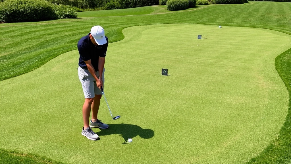 Golfer practicing short game shots on manicured chipping area with multiple targets and varied grass conditions, focusing on precision and skill development