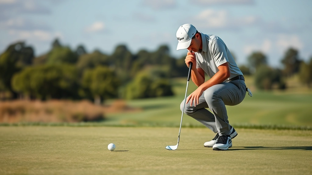 Golfer reading green on putting surface with concentration, showing pre-shot routine and course management strategy in natural daylight on championship course