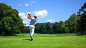 Golfer mid-swing on lush fairway with trees and blue sky, athletic form and concentration visible, natural daylight
