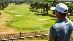 Professional golfer analyzing golf course layout from elevated tee box, studying fairway and green positioning, sunny day with clear visibility of hazards