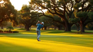 Professional golfer mid-swing on manicured fairway surrounded by mature oak trees and Florida landscape, golden hour lighting, no people visible except golfer